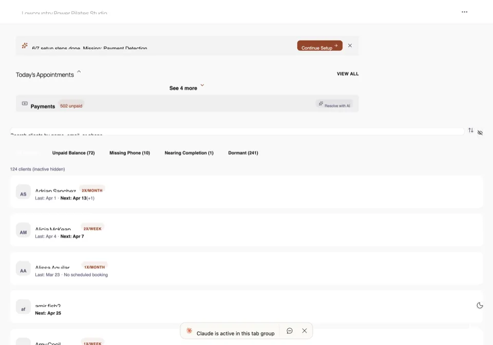 An admin dashboard showing 'Today's Appointments', a 'Payments — 502 unpaid' row with a 'Resolve with AI' button, and a client list ordered by frequency.