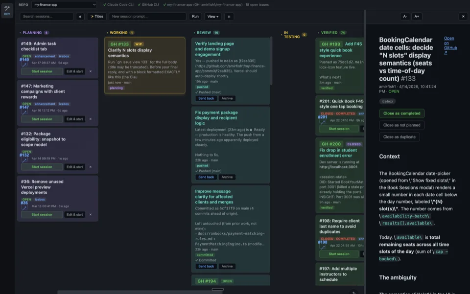 CCC kanban board, dark theme, with planning, working, review, testing, and verified columns spread across multiple repos.