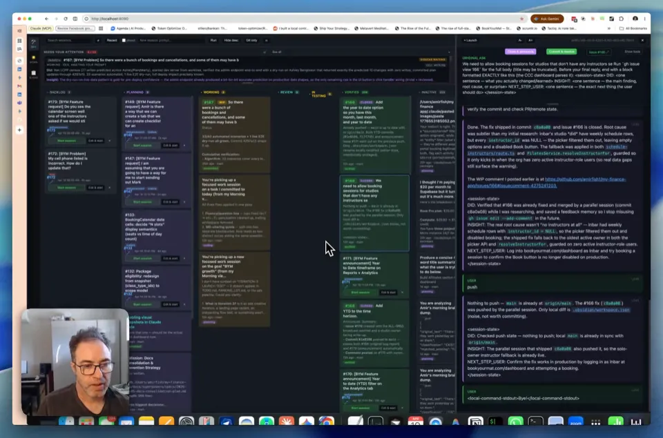 CCC kanban with the search detail panel open on the right, showing matched session messages with snippets.
