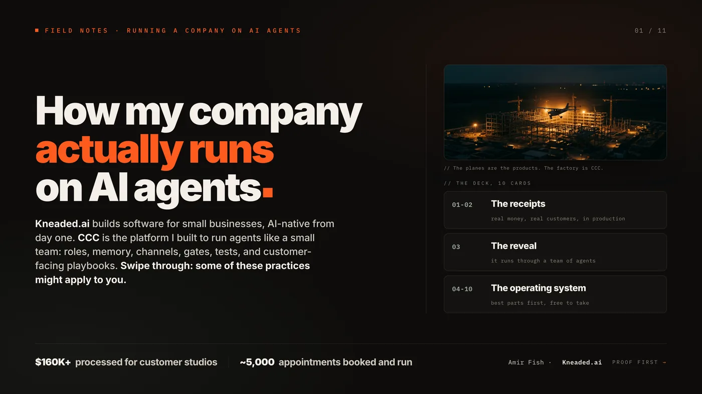 Title slide: How my company actually runs on AI agents. Kneaded.ai and CCC. $160K+ processed, ~5,000 appointments.