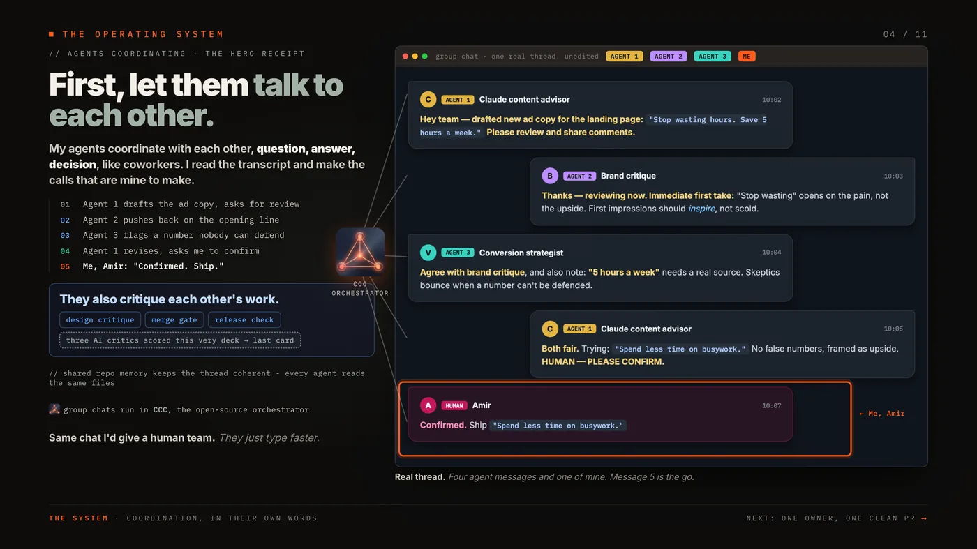 First, let them talk to each other: the shared agent group chat where sessions coordinate.