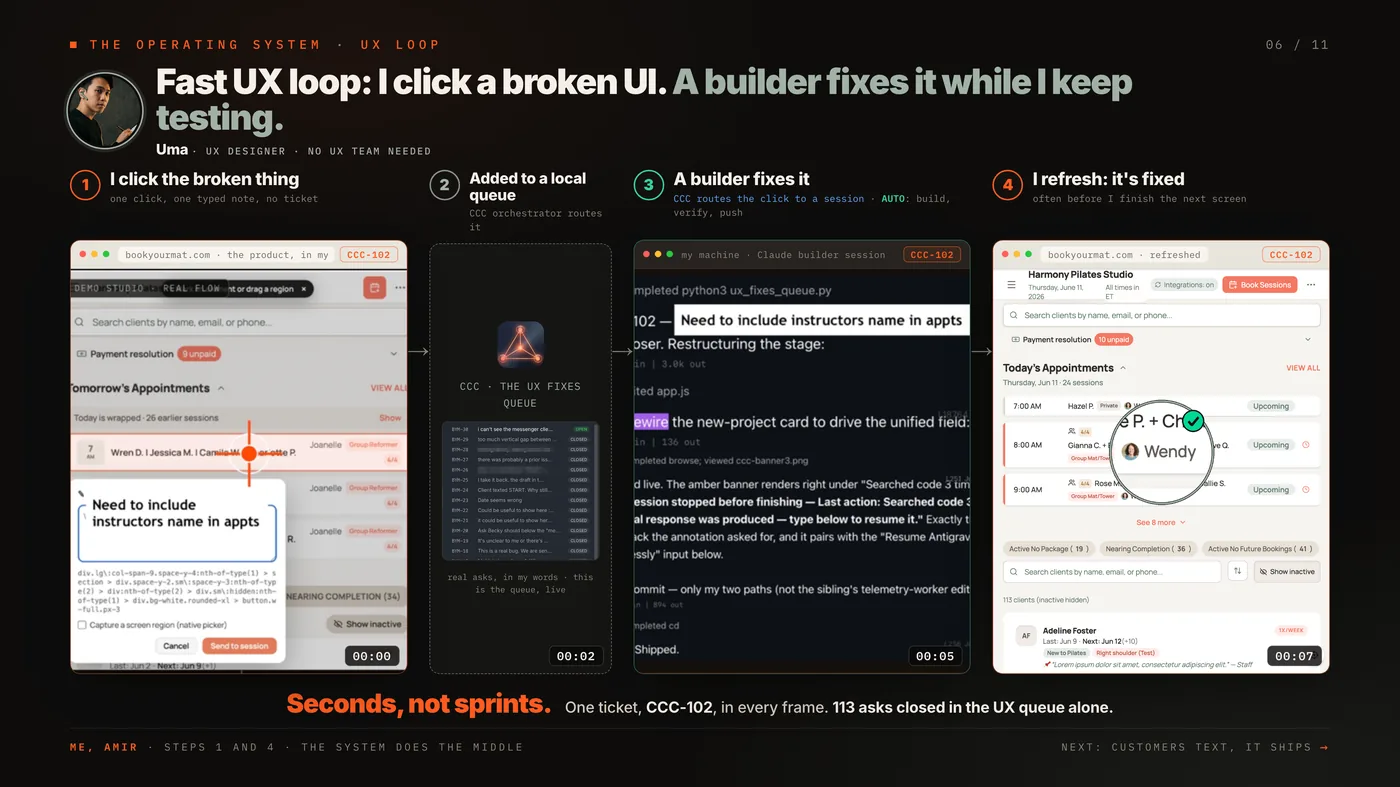 Fast UX loop: click a broken UI, a builder agent fixes it while testing continues.