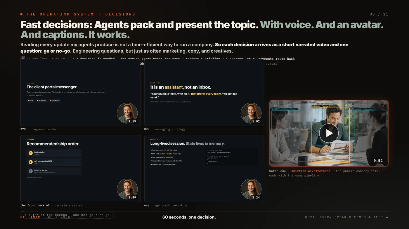 Fast decisions: agents pack and present the topic with voice, an avatar, and captions.