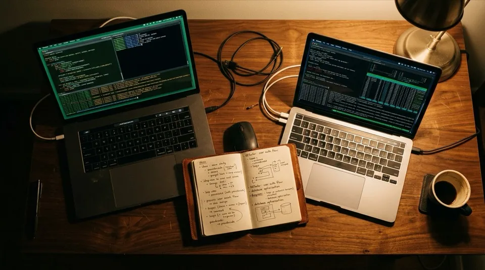Two laptops on a walnut desk, terminals open on each, a leather notebook between them, a small mug of coffee on the right edge.