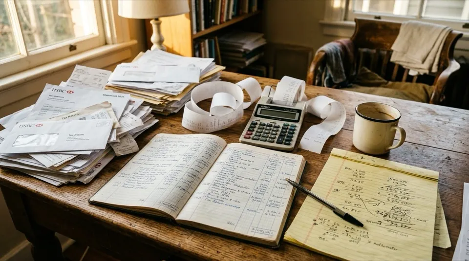 A wooden desk strewn with bank statements, a ledger book, a calculator with a coil of receipt tape, a coffee cup, and a yellow legal pad covered in handwritten figures.