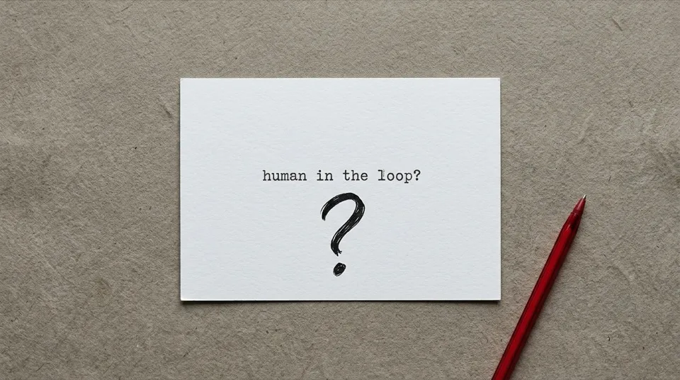 A single index card on warm-grey paper. Typed text reads 'human in the loop?' followed by a large hand-drawn question mark in red ink.