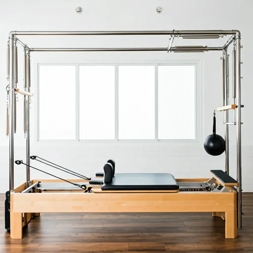 A Pilates reformer with a steel half-cadillac frame, sitting in front of a bright window in a clean studio.