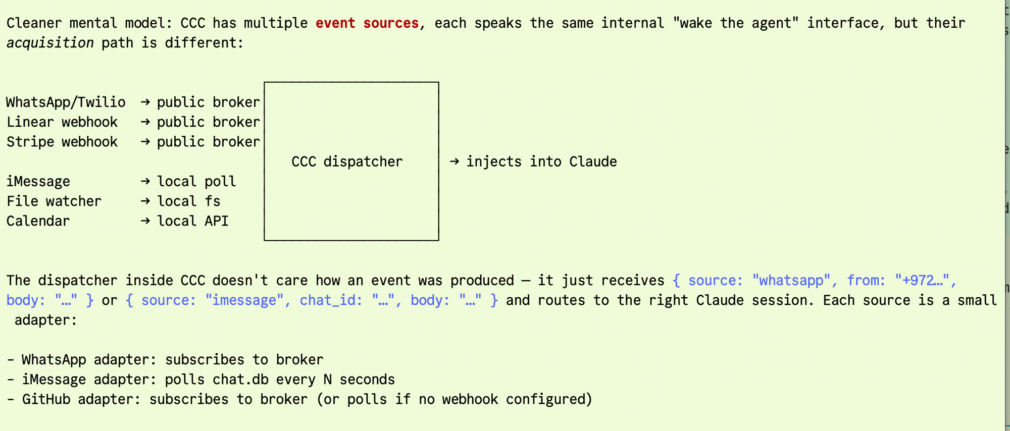 Mental model from the design session: CCC has multiple event sources, each speaking the same internal 'wake the agent' interface but with different acquisition paths. WhatsApp/Twilio, Linear webhook, and Stripe webhook all reach the dispatcher via a public broker. iMessage reaches it via local poll, file watcher via local filesystem events, calendar via local API. All flow through the CCC dispatcher, which injects the event into the appropriate Claude session.