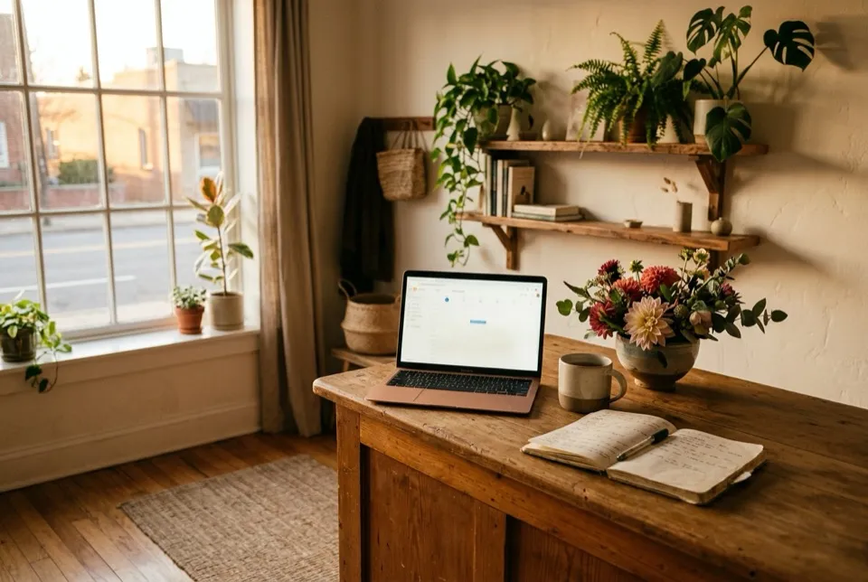 The unmanned front counter of a small studio at golden hour: a laptop showing a calendar, a notebook and pen, a mug of tea, fresh flowers in a small vase, plants on shelves in the background.