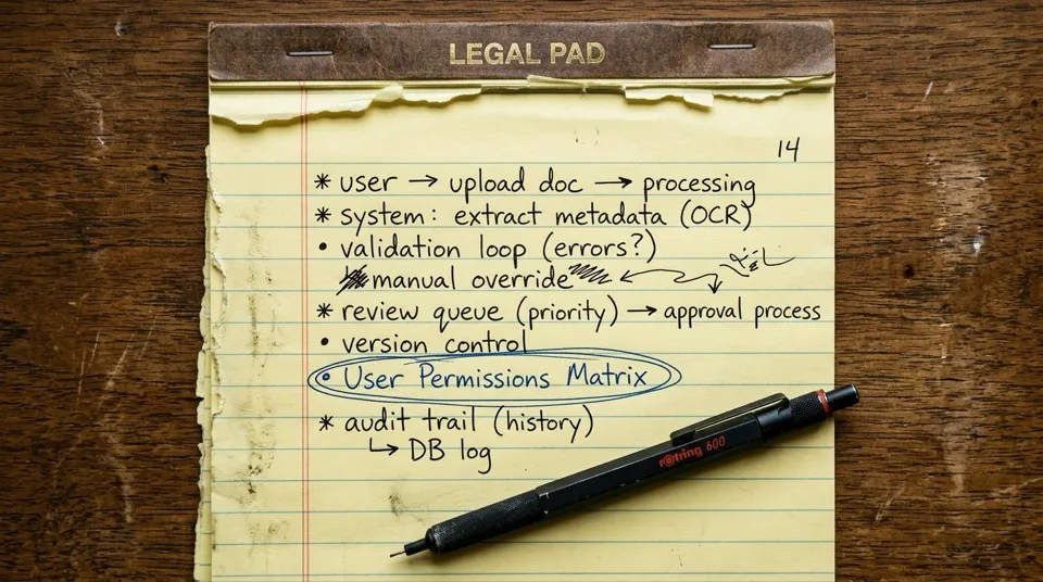 A yellow legal pad with handwritten product spec notes — bullet points, arrows, items crossed out, one phrase circled in different ink.